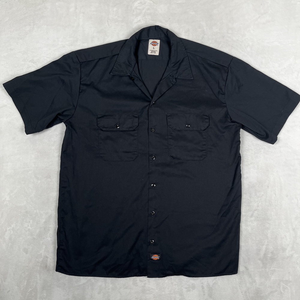Dickies Shirt Mens Large Black Solid Short Sleeve Button Front Workwear Casual